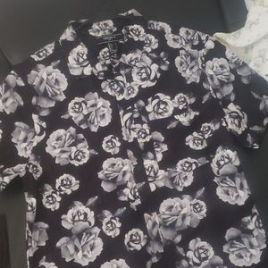 Mens black button T-shirt with floral design